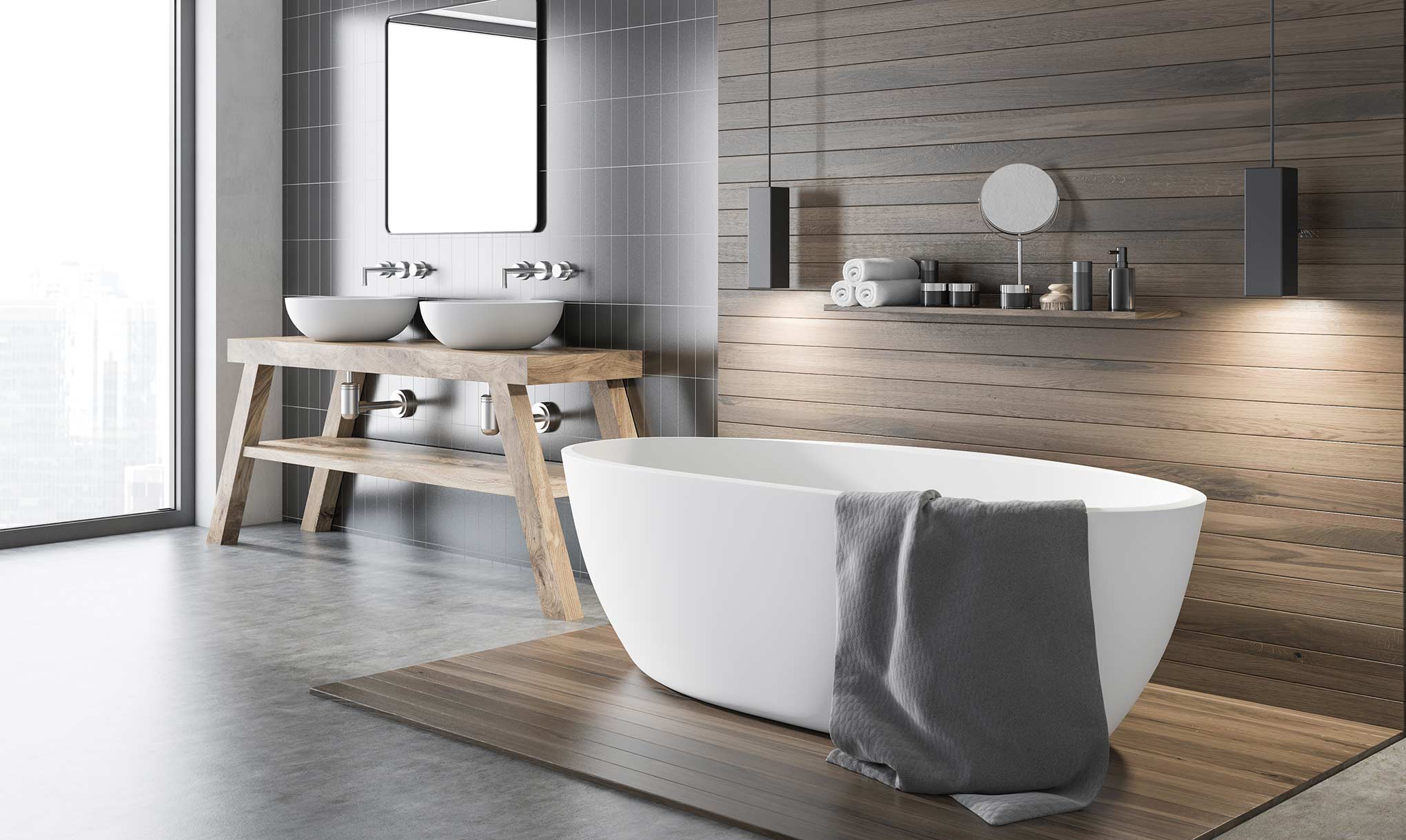 Salle de bain moderne, bois, pièce lumineuse, baignoire blanche
